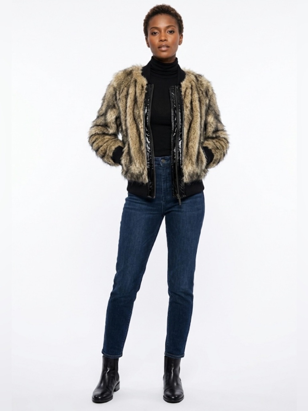 Vertigo Paris Faux Fur Bomber Jacket – Tan & Black – Size Large